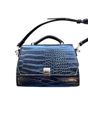 Black Croc Embossed Top Handle Bag Structured Mini Shoulder Bag Gold Hardware